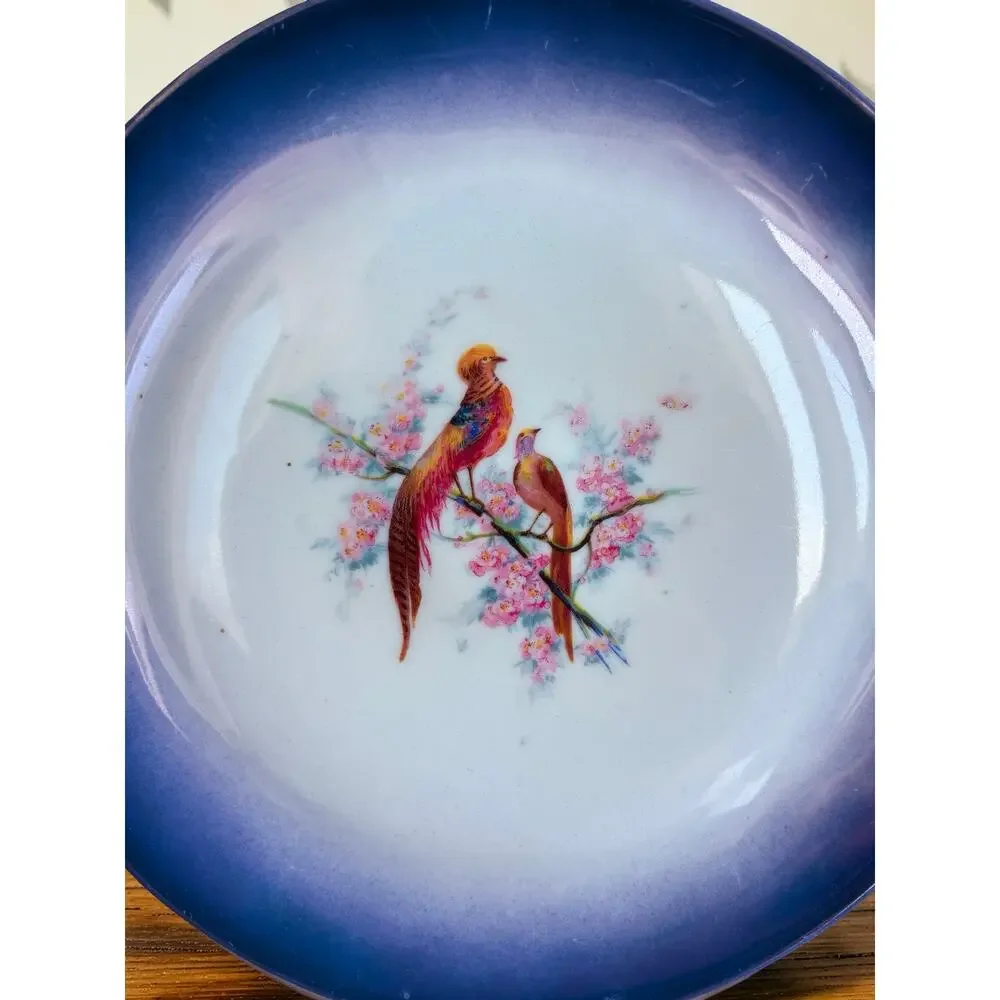 Vintage Czechoslovakia Porcelain Serving Plate Tray Birds Floral Blue Luster